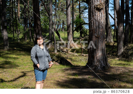 An Asian middle-aged woman in pine a pine tree forest. A pine is a conifer in the genus Pinus of the family Pinaceae 86370628