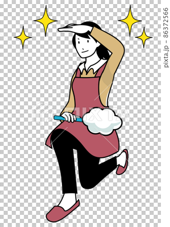 插圖素材:一個穿著圍裙的女人,一隻手拿著撣子擺姿勢 插圖素材:一個穿著圍裙的女人,一隻手拿著撣子擺姿勢 86372566