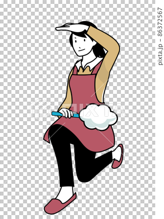 イラスト素材:はたきを片手にキメポーズをするエプロンの女性 イラスト素材:はたきを片手にキメポーズをするエプロンの女性 86372567