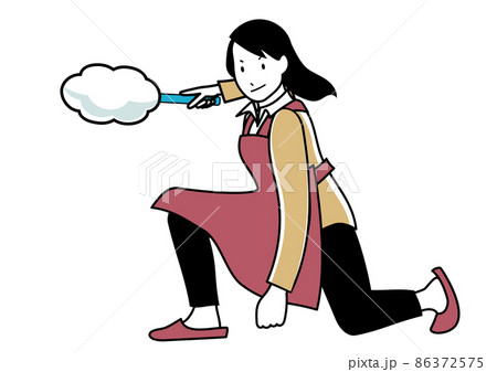 イラスト素材:はたきを片手にキメポーズをするエプロンの女性 イラスト素材:はたきを片手にキメポーズをするエプロンの女性 86372575