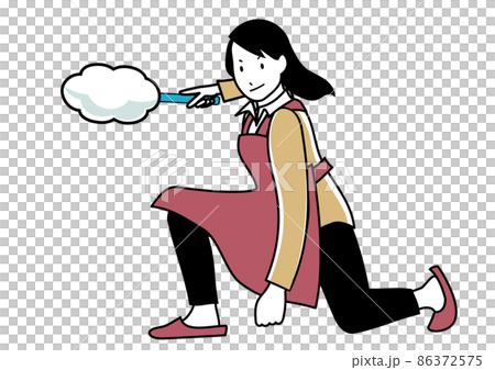 イラスト素材:はたきを片手にキメポーズをするエプロンの女性 イラスト素材:はたきを片手にキメポーズをするエプロンの女性 86372575