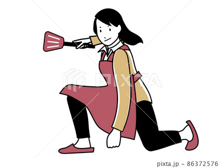 イラスト素材：フライパン返しを片手にキメポーズをするエプロンの女性 86372576