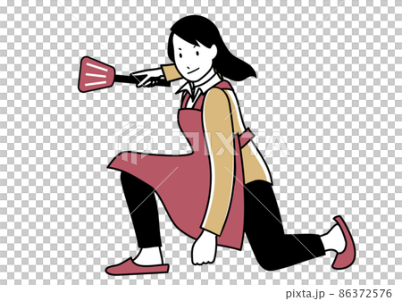 イラスト素材：フライパン返しを片手にキメポーズをするエプロンの女性 86372576