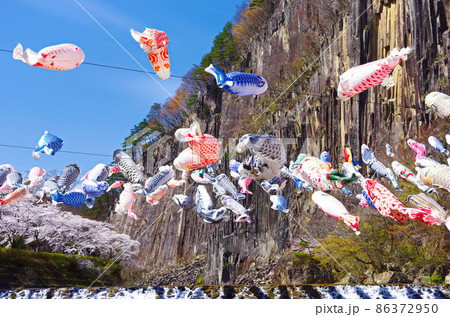 鯉のぼりと小原の材木岩(宮城県白石市) 鯉のぼりと小原の材木岩(宮城県白石市) 86372950