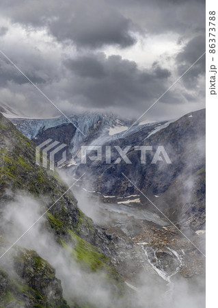 Typical alpine landscape of Swiss Alps near Sustenstrasse, Urner Alps, Canton of Bern, Switzerland 86373788