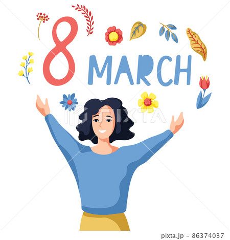Greeting card for International Womens Day celebration. 8th March background with girl and flowers. Greeting card for International Womens Day celebration. 8th March background with girl and flowers. 86374037