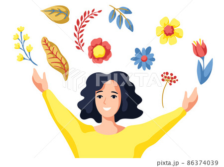 Greeting card for International Womens Day celebration. 8th March background with girl and flowers. Greeting card for International Womens Day celebration. 8th March background with girl and flowers. 86374039