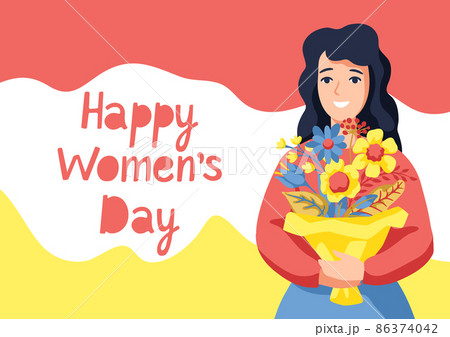 Greeting card for International Womens Day celebration. 8th March background with girl and flowers. Greeting card for International Womens Day celebration. 8th March background with girl and flowers. 86374042