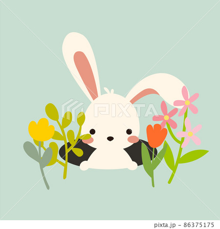 Cute vector easter bunny in hole with flowers Cute vector easter bunny in hole with flowers 86375175