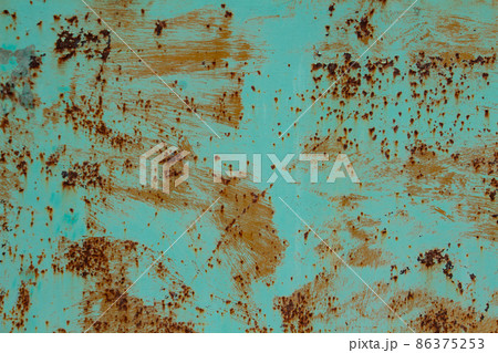 textured metal sheet with peeling blue, turquoise paint, metal corrosion 86375253