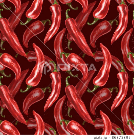 Red hot chili pepper, whole pods, set. Hand drawn watercolor illustration isolated on white background. 86375395