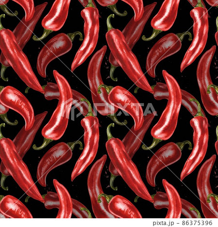Red hot chili pepper, whole pods, set. Hand drawn watercolor illustration isolated on white background. 86375396