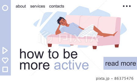 Lazy man character rest on couch at home on weekend. Ethnic person of color lay on sofa bed having his relax time. 86375476