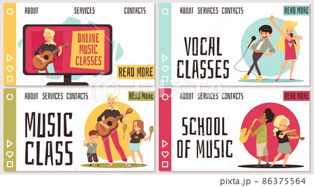 Kids playing music instruments with teacher, music class landing page template flat vector illustration. Kids playing music instruments with teacher, music class landing page template flat vector illustration. 86375564