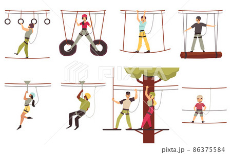 Adventure rope park with visitors in flat vector illustration isolated on white Adventure rope park with visitors in flat vector illustration isolated on white 86375584