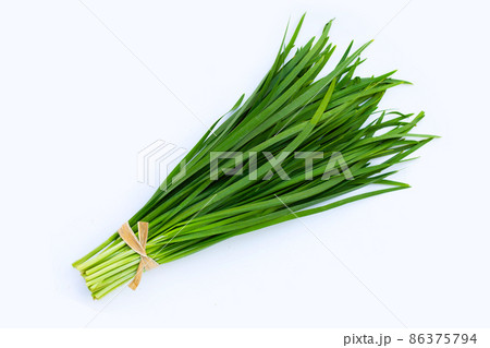 Fresh Chinese Chive leaves on white background. 86375794