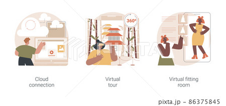 Online data transfer and virtual experience abstract concept vector illustration set. Cloud connection, virtual tour, virtual fitting room, internet connection, web 3d tour abstract metaphor. 86375845