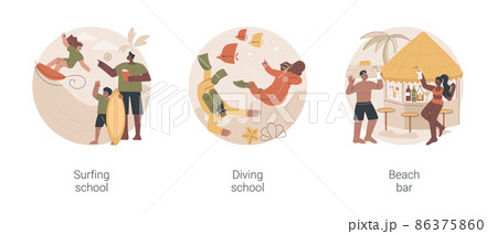 Summer vacation activity abstract concept vector illustration set. Surfing school, diving school, beach bar, surfboard and wetsuit rental, water sport, tropical cocktail recipe abstract metaphor. 86375860