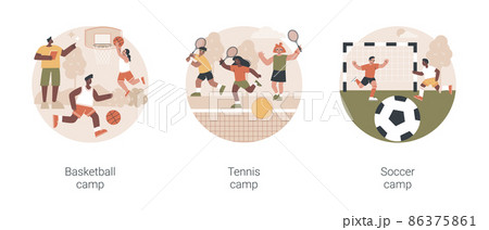 Summer sport camp abstract concept vector illustration set. Basketball, tennis and soccer camp for children, active vacation, kids playing, youth sport program, physical activity abstract metaphor. 86375861