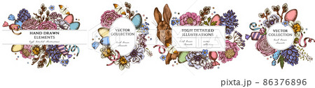 Easter hand drawn frame templates. Vintage illustrations of rabbit, eggs, willow branches, candies Easter hand drawn frame templates. Vintage illustrations of rabbit, eggs, willow branches, candies 86376896