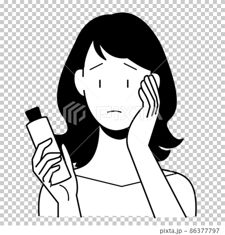 肌質　悩む　女性　ミディアムヘア　白黒 86377797