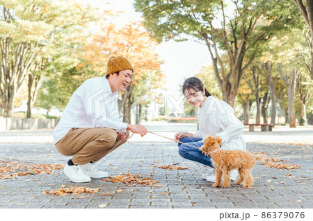 犬の散歩をする男女（座る） 86379076