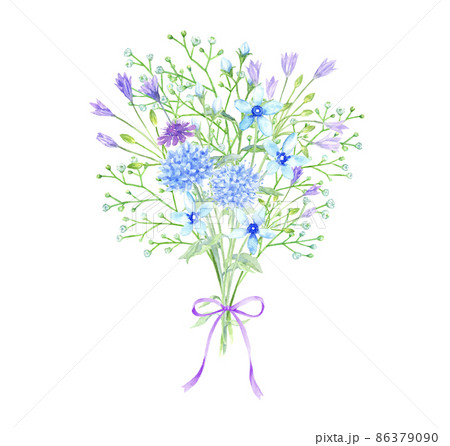 ブルー系の花束 リボン 水彩イラストのイラスト素材 [86379090] - PIXTA