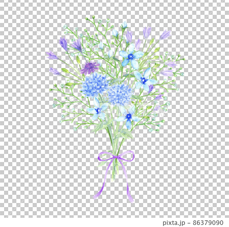ブルー系の花束　リボン　水彩イラスト 86379090