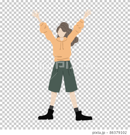 A girl wearing a hoodie who is pleased with banzai No facial expression A girl wearing a hoodie who is pleased with banzai No facial expression 86379102