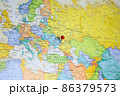 Donetsk, Ukraine pinned on the map of entire Europe.  86379573