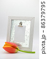 Wooden frame with note attached and a tulip flower. 86379795