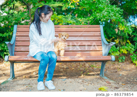 公園で犬と遊ぶ女性（話す・全身） 86379854