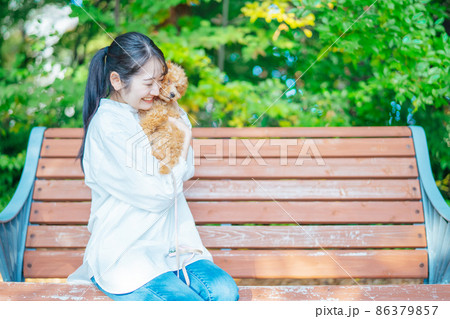 公園で犬と遊ぶ女性（抱く） 86379857
