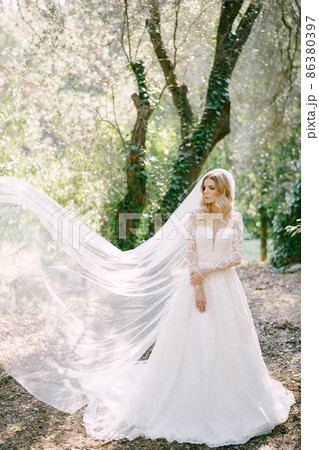 Bride in a white dress and a fluttering veil stands in the park among the trees 86380397