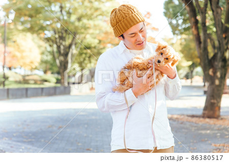 公園で犬と遊ぶ男性 公園で犬と遊ぶ男性 86380517