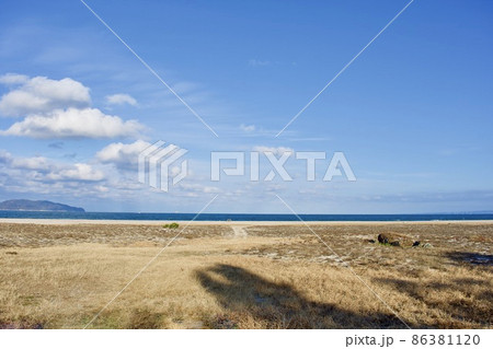鳥取県 弓ヶ浜 草の生えた砂浜の風景 鳥取県 弓ヶ浜 草の生えた砂浜の風景 86381120