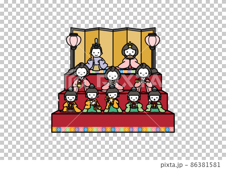 Cute illustrations of Hina dolls displayed on the Hinamatsuri 86381581