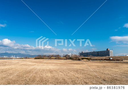 冬枯れの淀川河川敷の野原とマンション 86381976