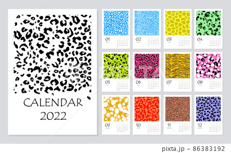 2022 calendar planner with abstract modern leopard pattern. Corporate week. Template layout, 12 months yearly. Simple design for business brochure, flyer, print media, advertisement. A2 size 2022 calendar planner with abstract modern leopard pattern. Corporate week. Template layout, 12 months yearly. Simple design for business brochure, flyer, print media, advertisement. A2 size 86383192