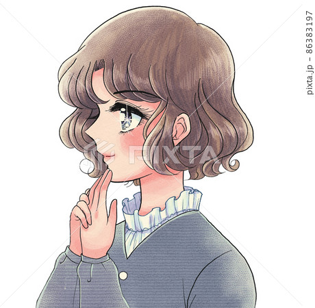 レトロ少女漫画風・嬉しそうな顔の横を向いたお姉さん 86383197