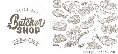 Collection of raw meat in vintage engraving style 86383340
