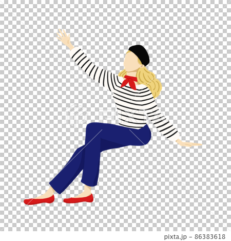 French fashion woman sitting and raising hands no facial expression French fashion woman sitting and raising hands no facial expression 86383618