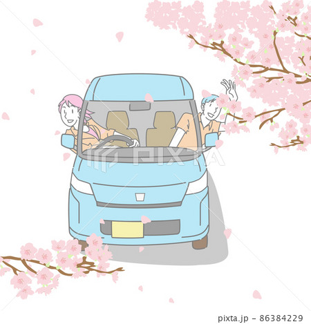 軽自動車から桜を見るカップルのイラスト 86384229