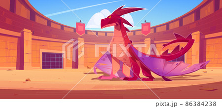 Red dragon on ancient arena for gladiators fight 86384238