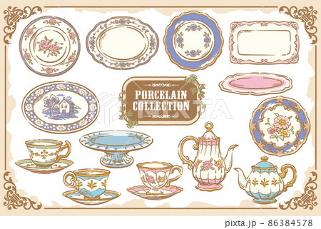 アンティークな陶器、絵皿、ティーポットなどのセット。ベクターイラスト素材 86384578