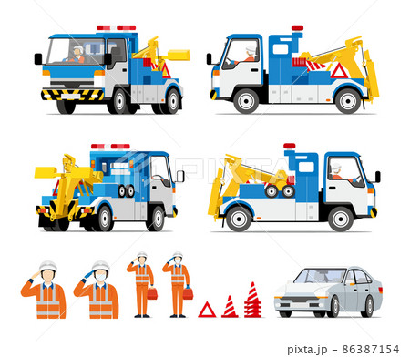 レッカー車、ロードサービス、牽引、スタッフ、イラスト、セット 86387154