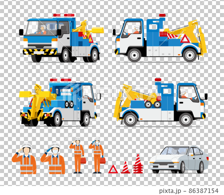 レッカー車、ロードサービス、牽引、スタッフ、イラスト、セット 86387154