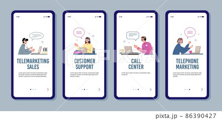 Telephone marketing hotline set of mobile screens, flat vector illustration. Telephone marketing hotline set of mobile screens, flat vector illustration. 86390427
