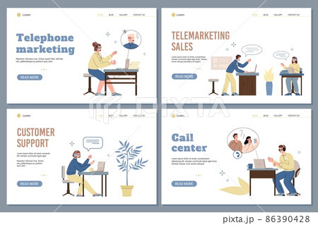 Telephone marketing and customer support web banners set, vector illustration. 86390428
