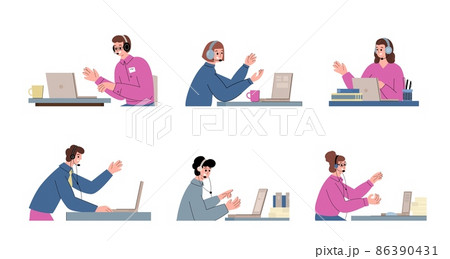 Customer support or telephone operators, vector illustrations set isolated. 86390431
